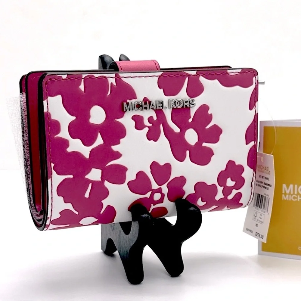 Michael Kors Jet Set Medium Floral Print Bi-Fold Wallet Dragonfruit NWT